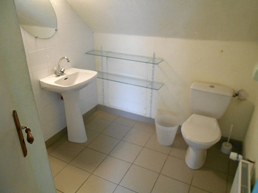photo d'une sale de bain sous les toits, carreaux blanc, lavabo, toilette, étagère, radiateur, miroir, du gîte de groupe et maison d'hôtes du Bas Mena