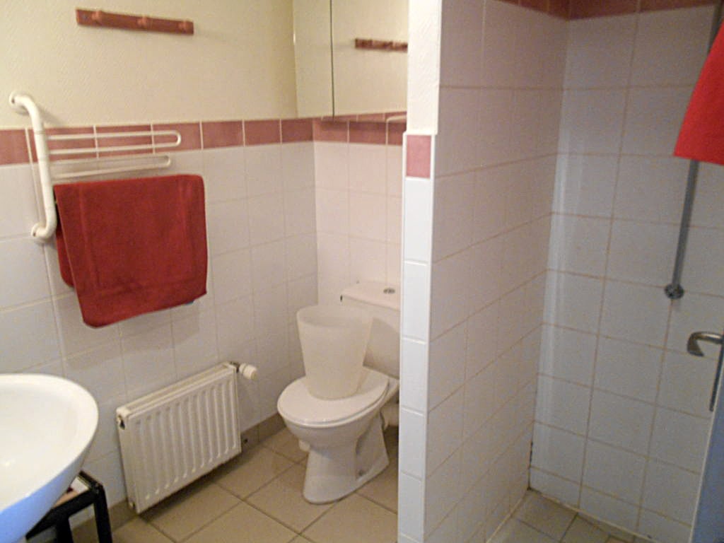photo d'une sale de bain, carreaux blanc avec frise de carreaux rose, lavabo, toilette, radiateur et portes serviettes, du gîte de groupe et maison d'hôtes du Bas Mena